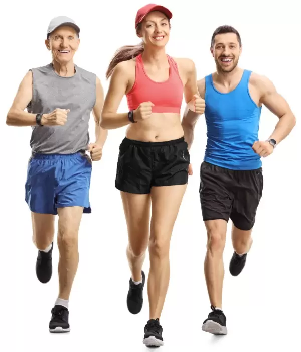 Three people are running together on a white background